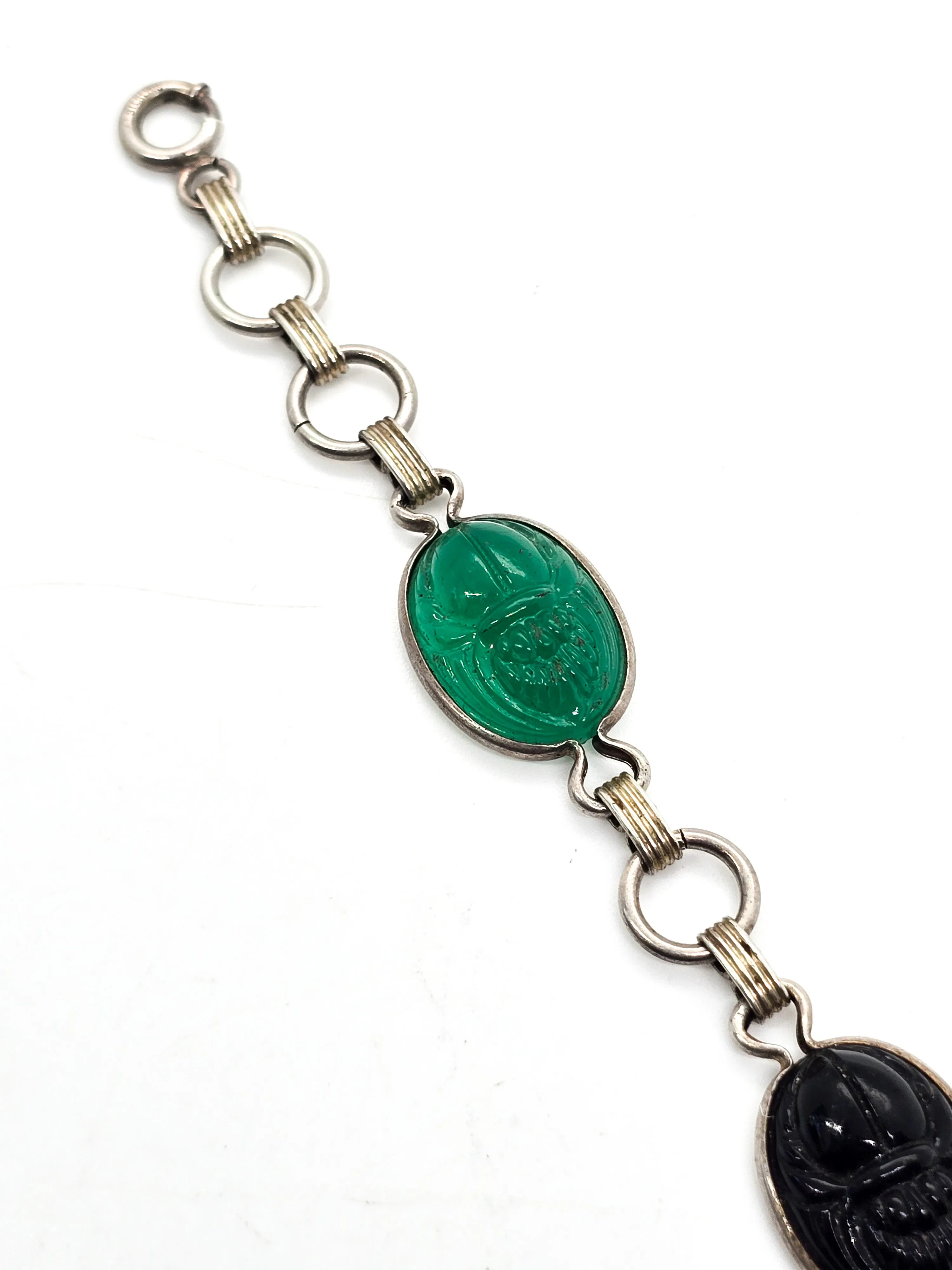 Egyptian Revival Scarab molded Uranium glass sterling silver vintage bracelet