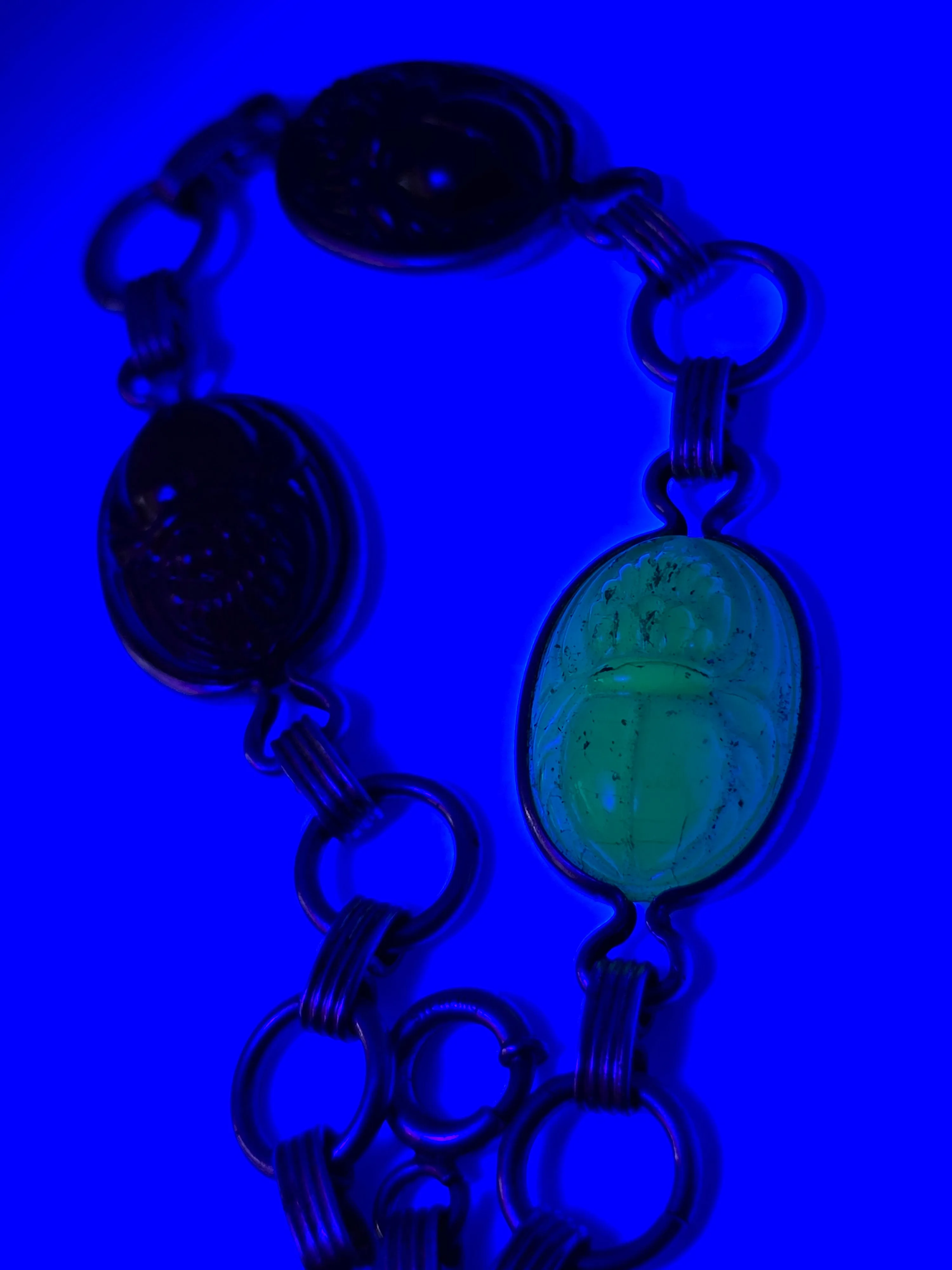 Egyptian Revival Scarab molded Uranium glass sterling silver vintage bracelet