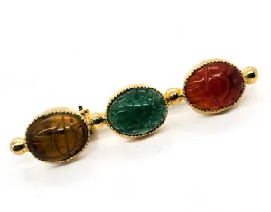 Egyptian Revival Three Scarab carved gemstone yellow gold filled vintage brooch