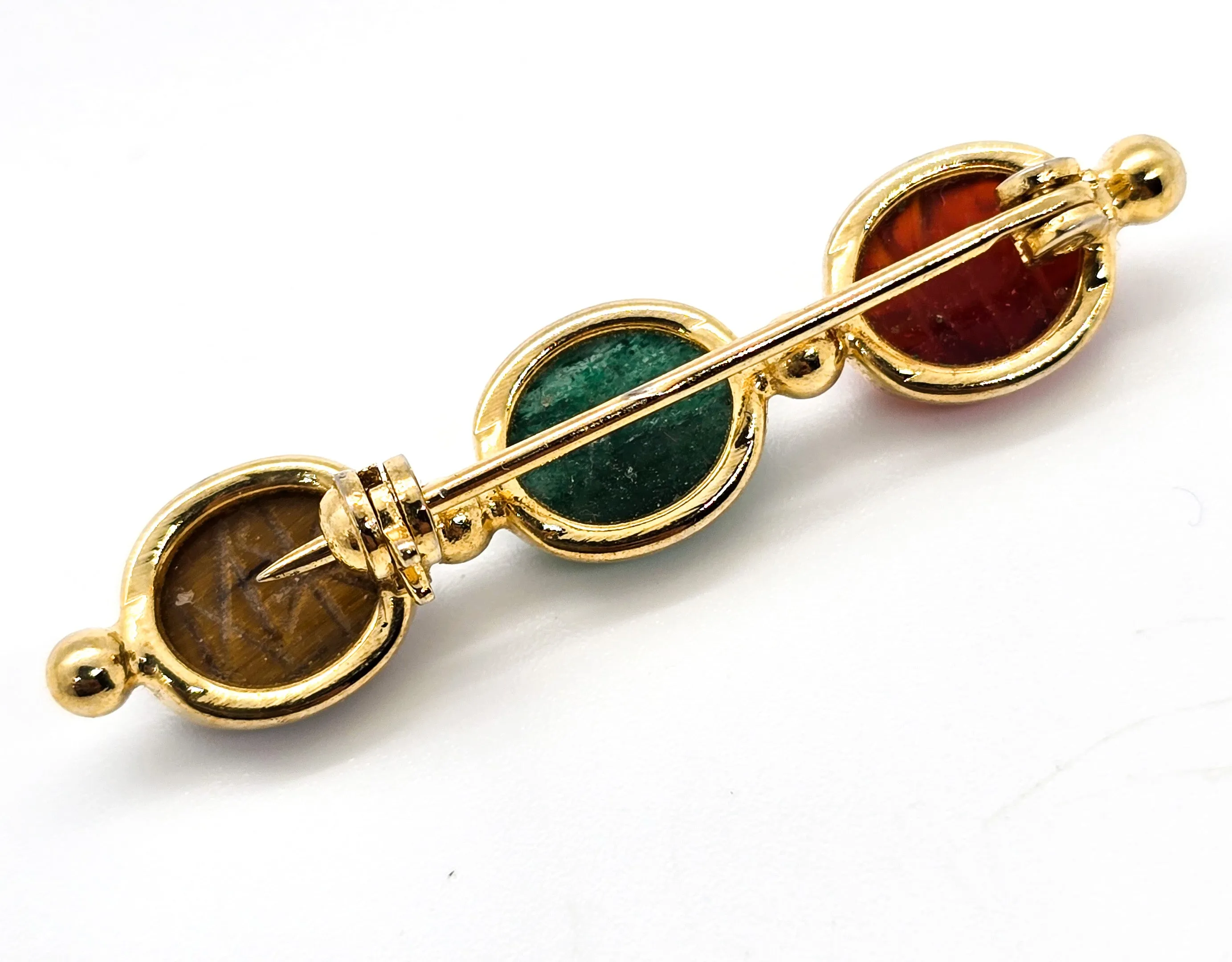 Egyptian Revival Three Scarab carved gemstone yellow gold filled vintage brooch