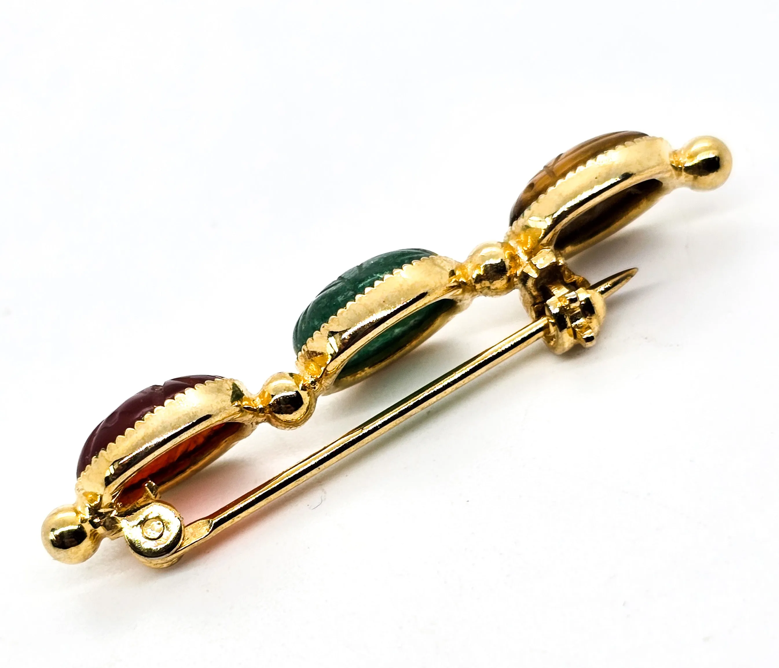 Egyptian Revival Three Scarab carved gemstone yellow gold filled vintage brooch