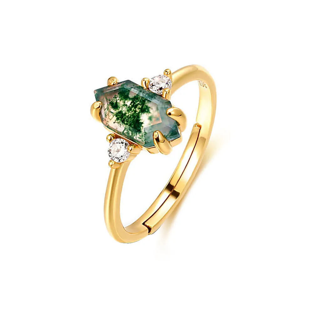 Elegant Hexagon Emerald Green Natural Moss Agate Adjustable Ring