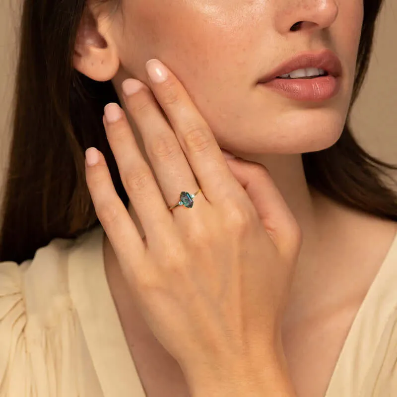 Elegant Hexagon Emerald Green Natural Moss Agate Adjustable Ring