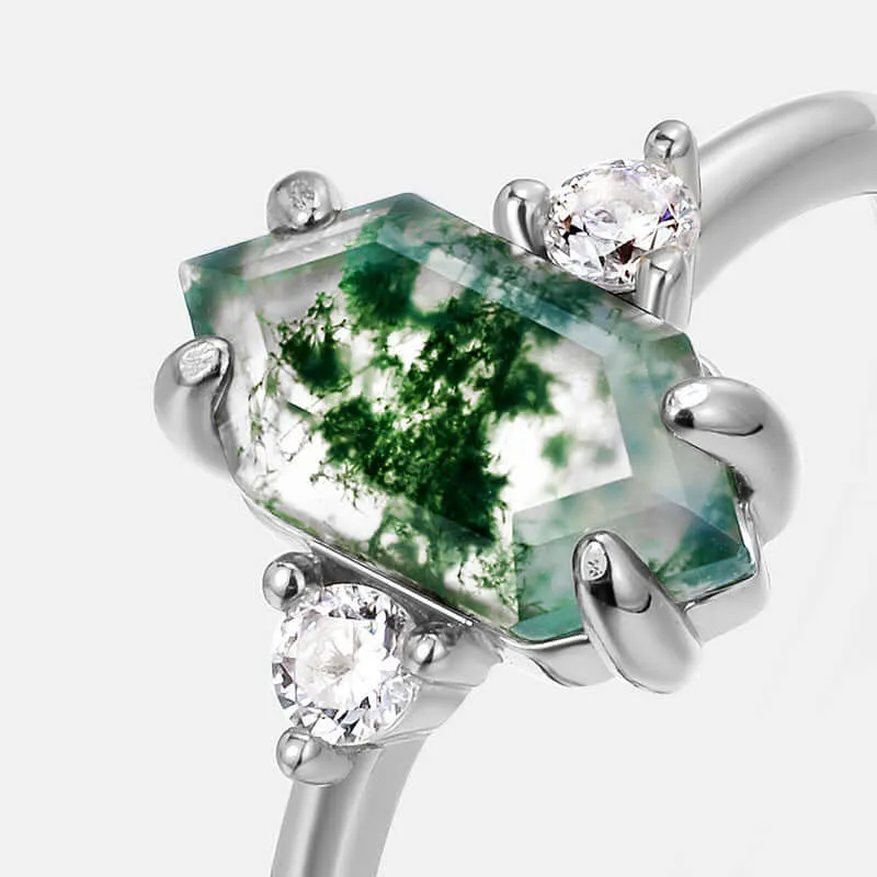 Elegant Hexagon Emerald Green Natural Moss Agate Adjustable Ring