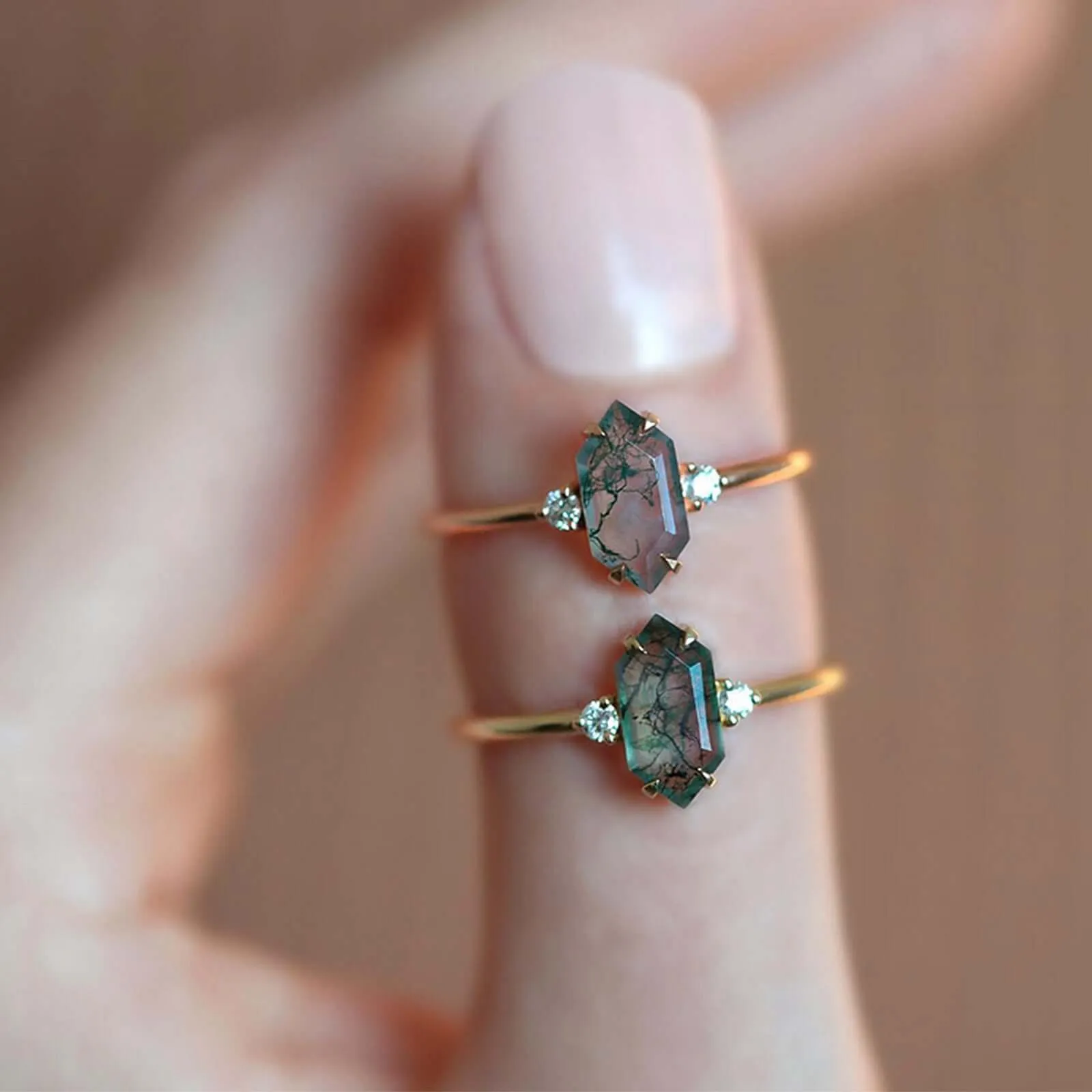 Elegant Hexagon Emerald Green Natural Moss Agate Adjustable Ring