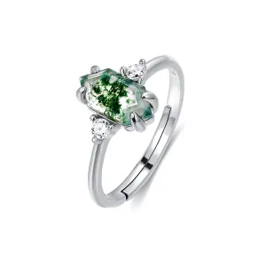 Elegant Hexagon Emerald Green Natural Moss Agate Adjustable Ring
