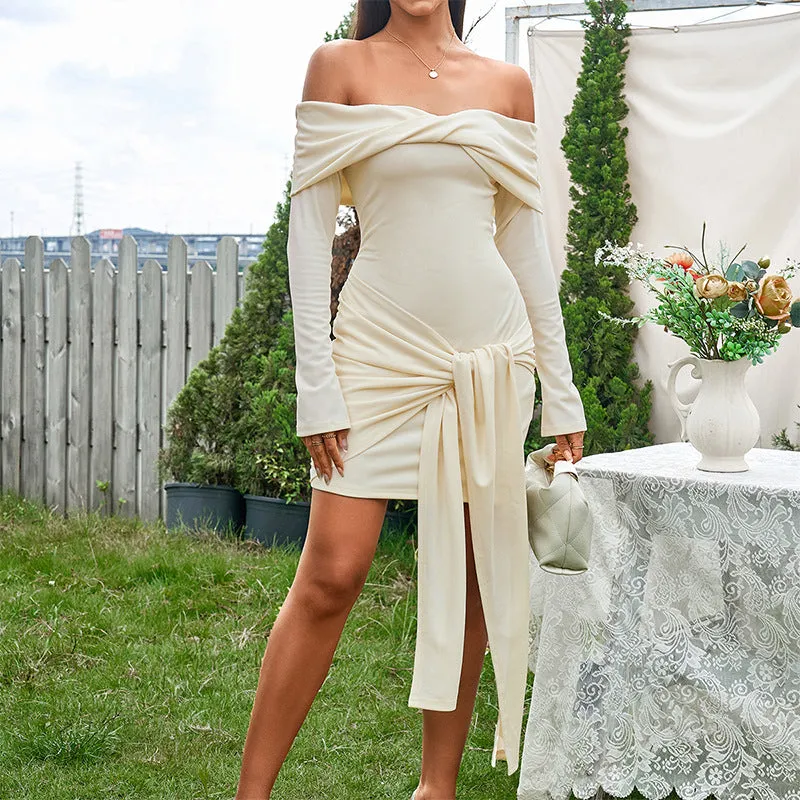 Elegant Off-Shoulder Long-Sleeve Draped Bodycon Mini Dress