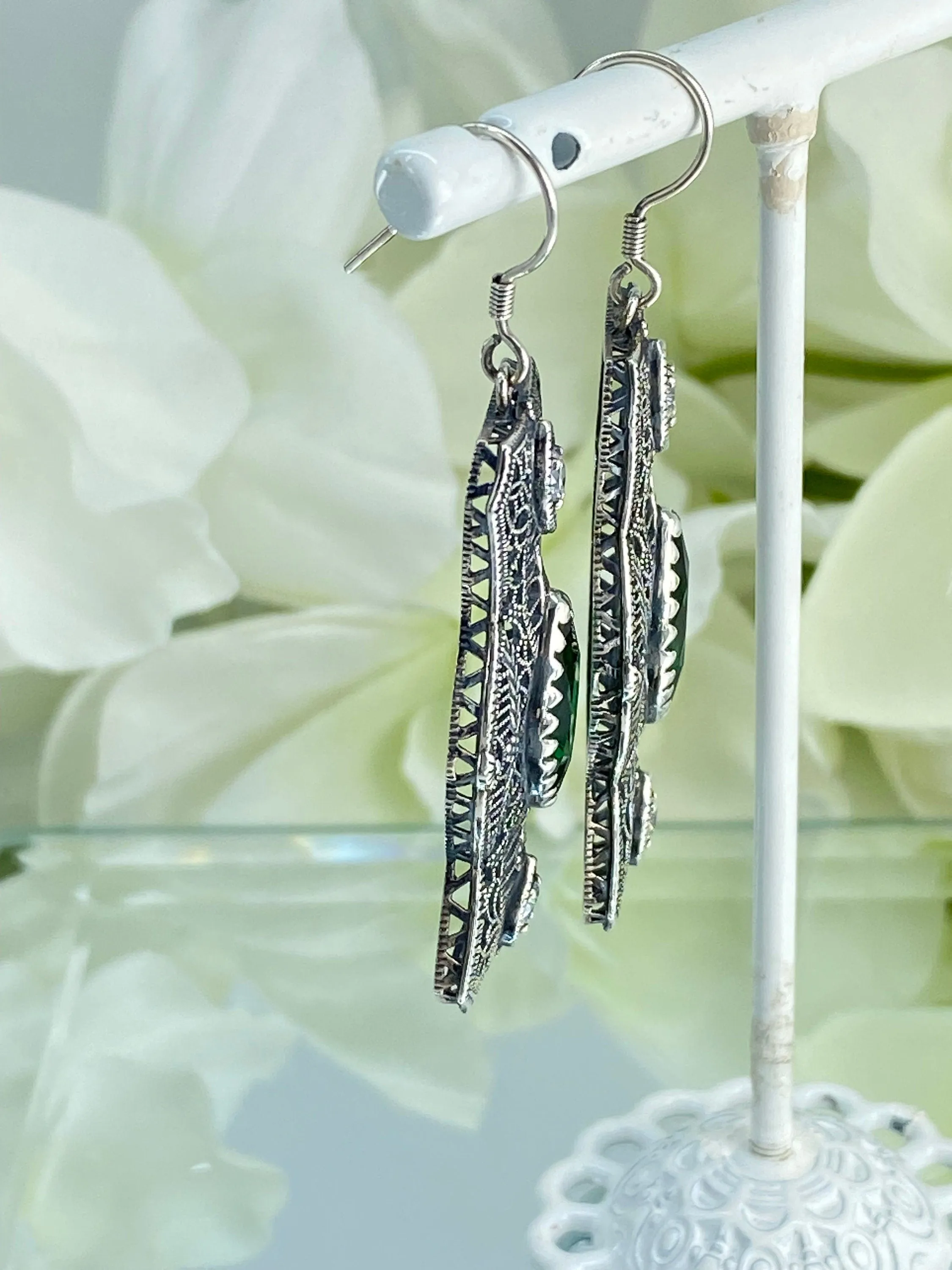 Emerald Earrings, Marquise Green & CZ Gems, 1920's Art Deco Filigree E62 - Ready to Ship