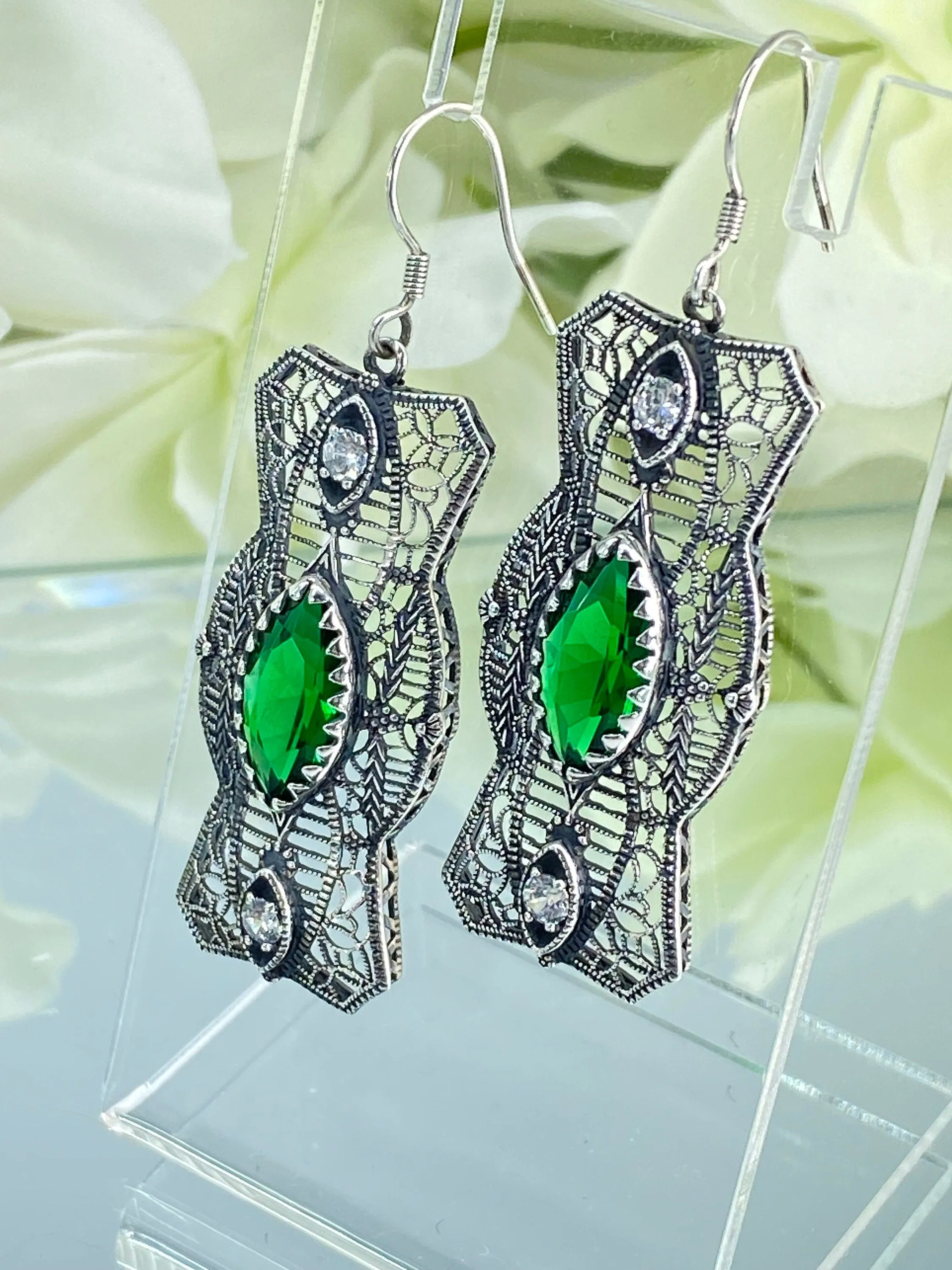 Emerald Earrings, Marquise Green & CZ Gems, 1920's Art Deco Filigree E62 - Ready to Ship
