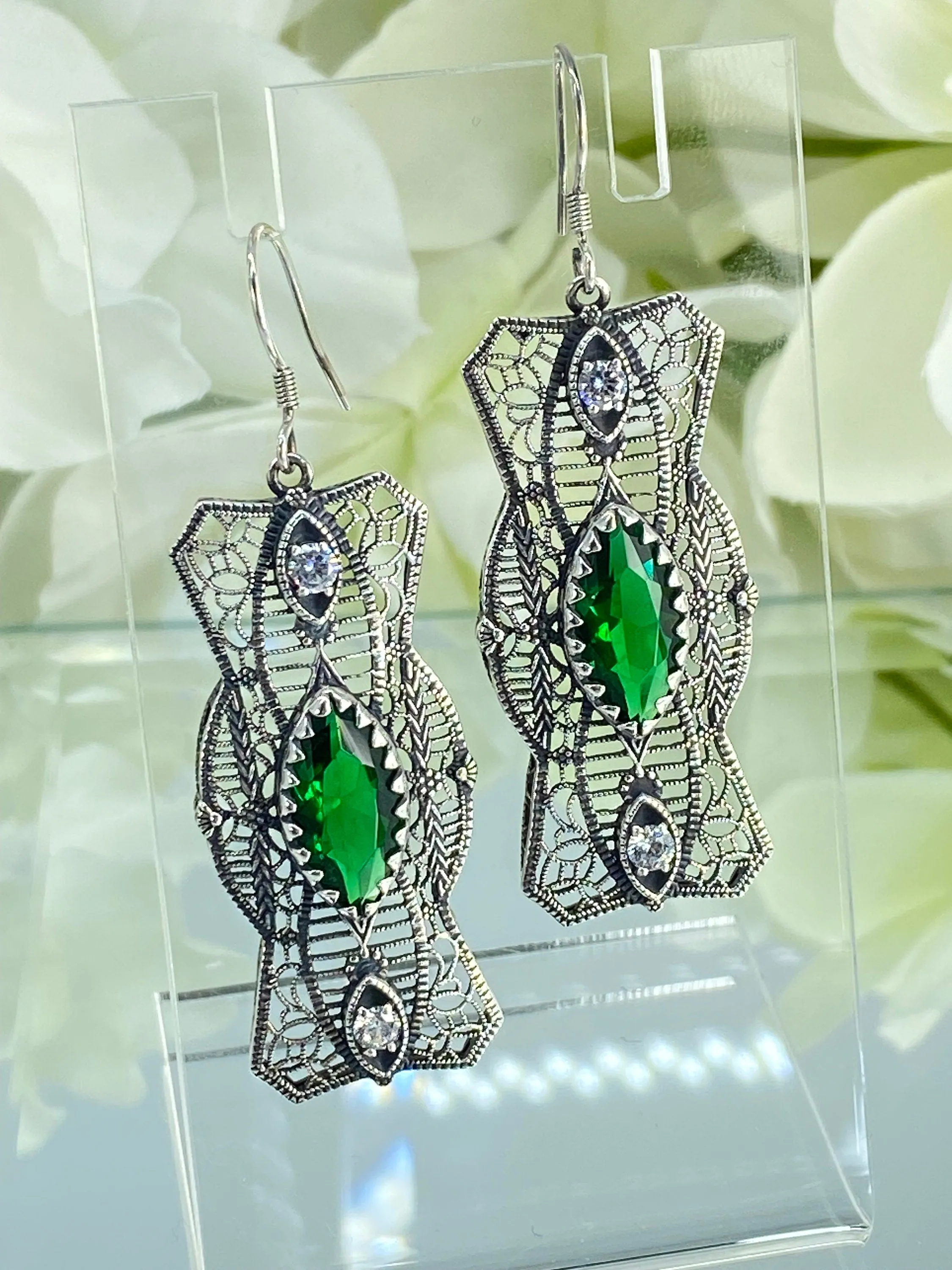 Emerald Earrings, Marquise Green & CZ Gems, 1920's Art Deco Filigree E62 - Ready to Ship
