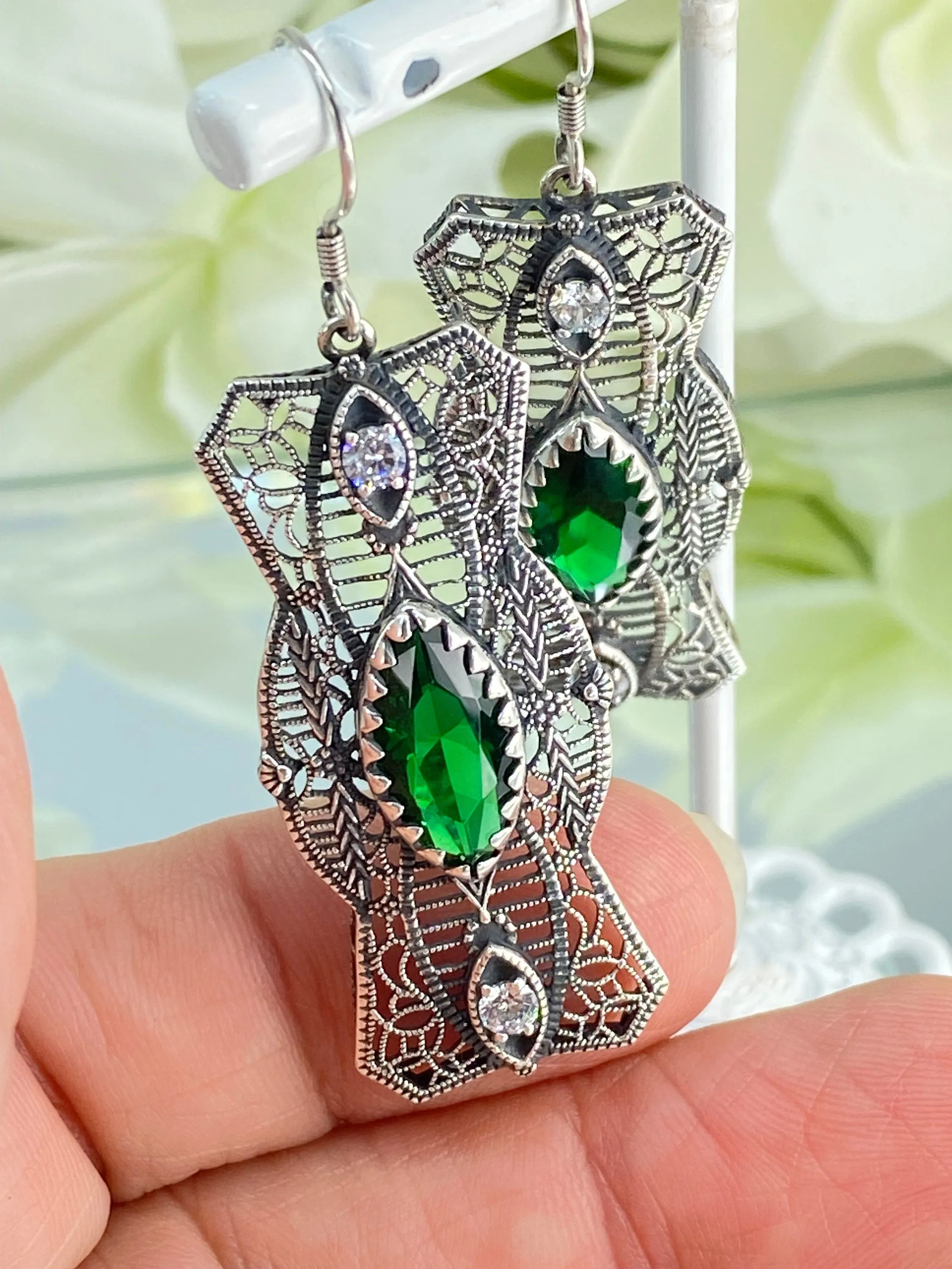 Emerald Earrings, Marquise Green & CZ Gems, 1920's Art Deco Filigree E62 - Ready to Ship