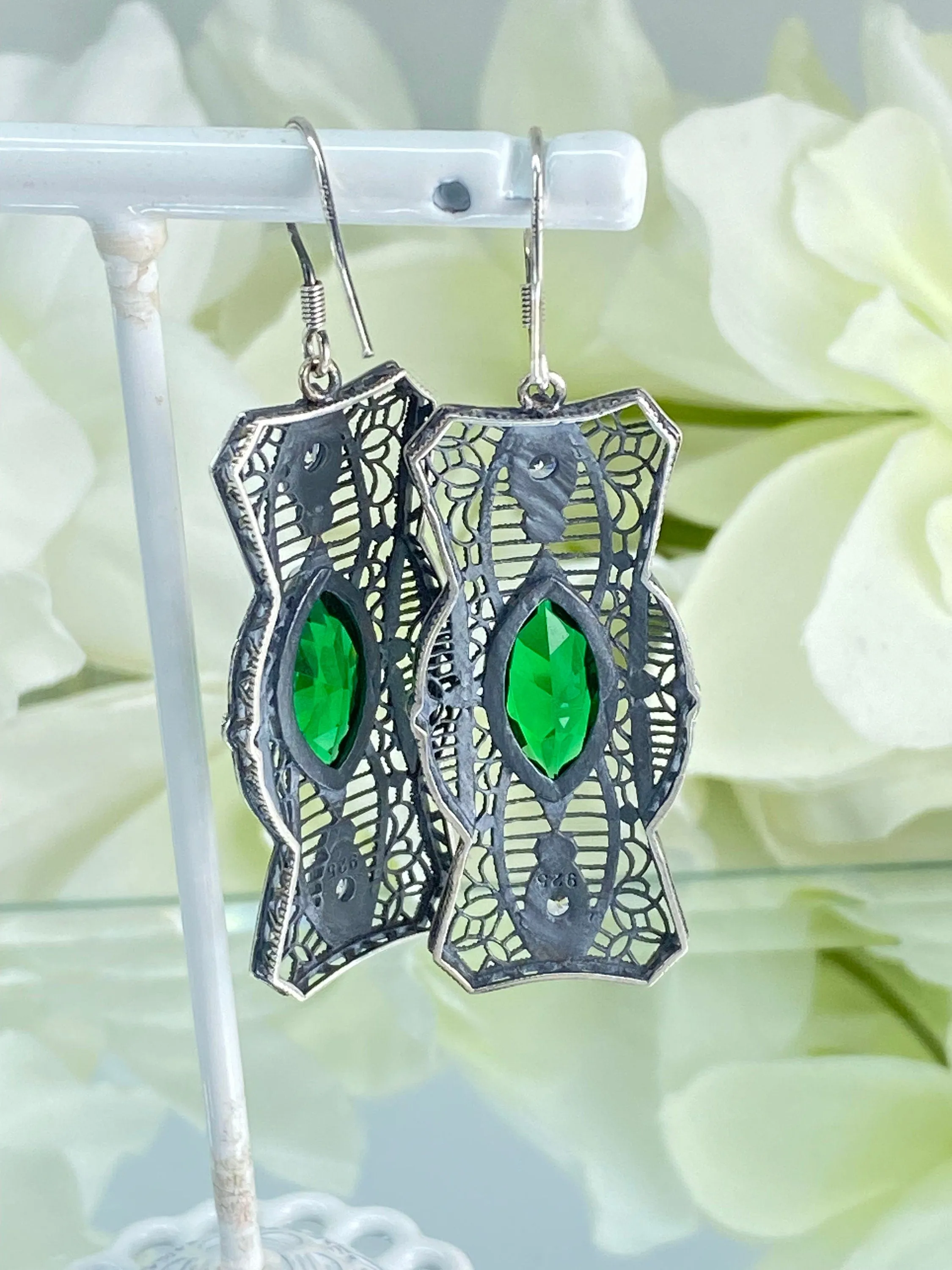 Emerald Earrings, Marquise Green & CZ Gems, 1920's Art Deco Filigree E62 - Ready to Ship