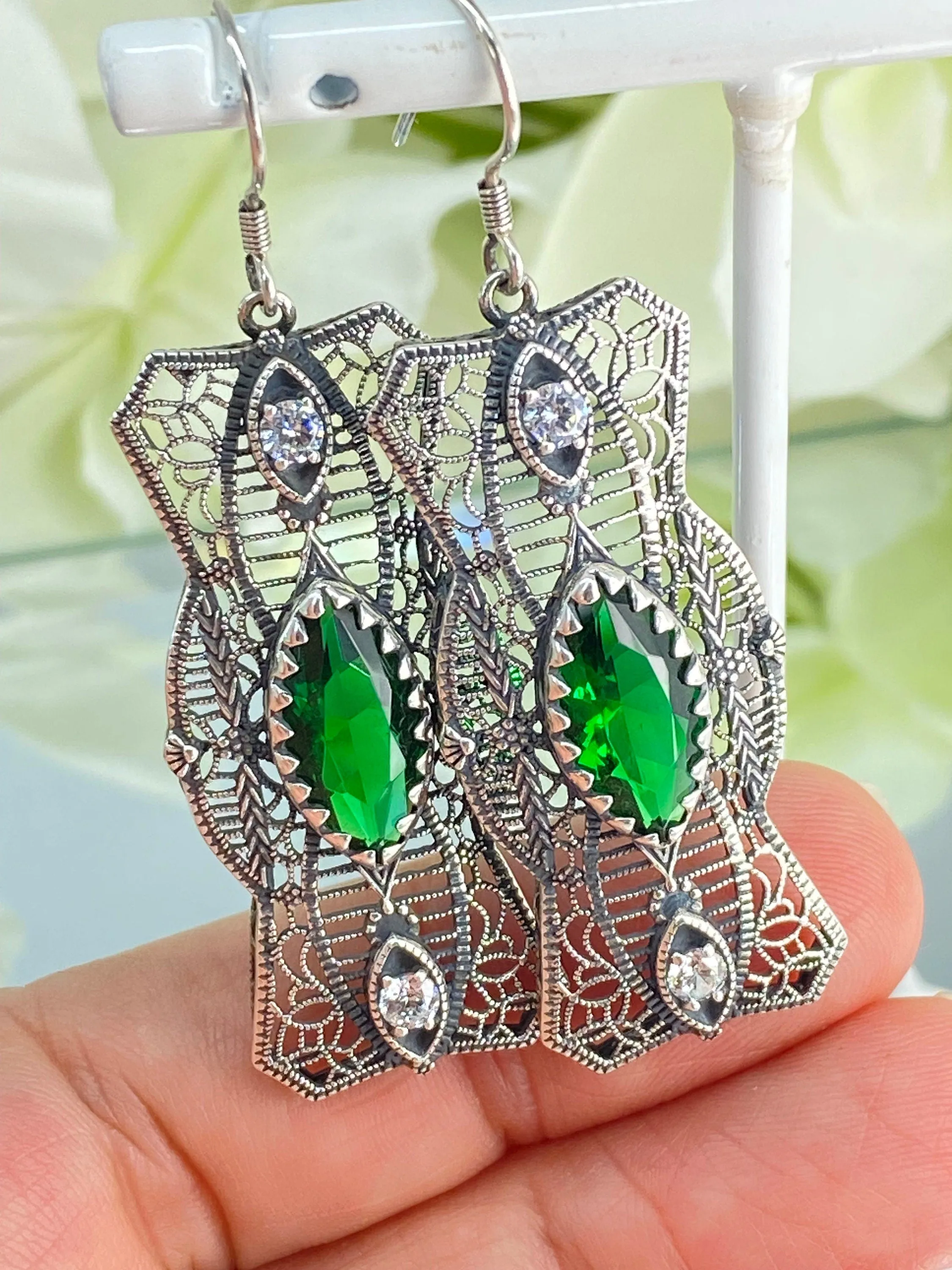 Emerald Earrings, Marquise Green & CZ Gems, 1920's Art Deco Filigree E62 - Ready to Ship