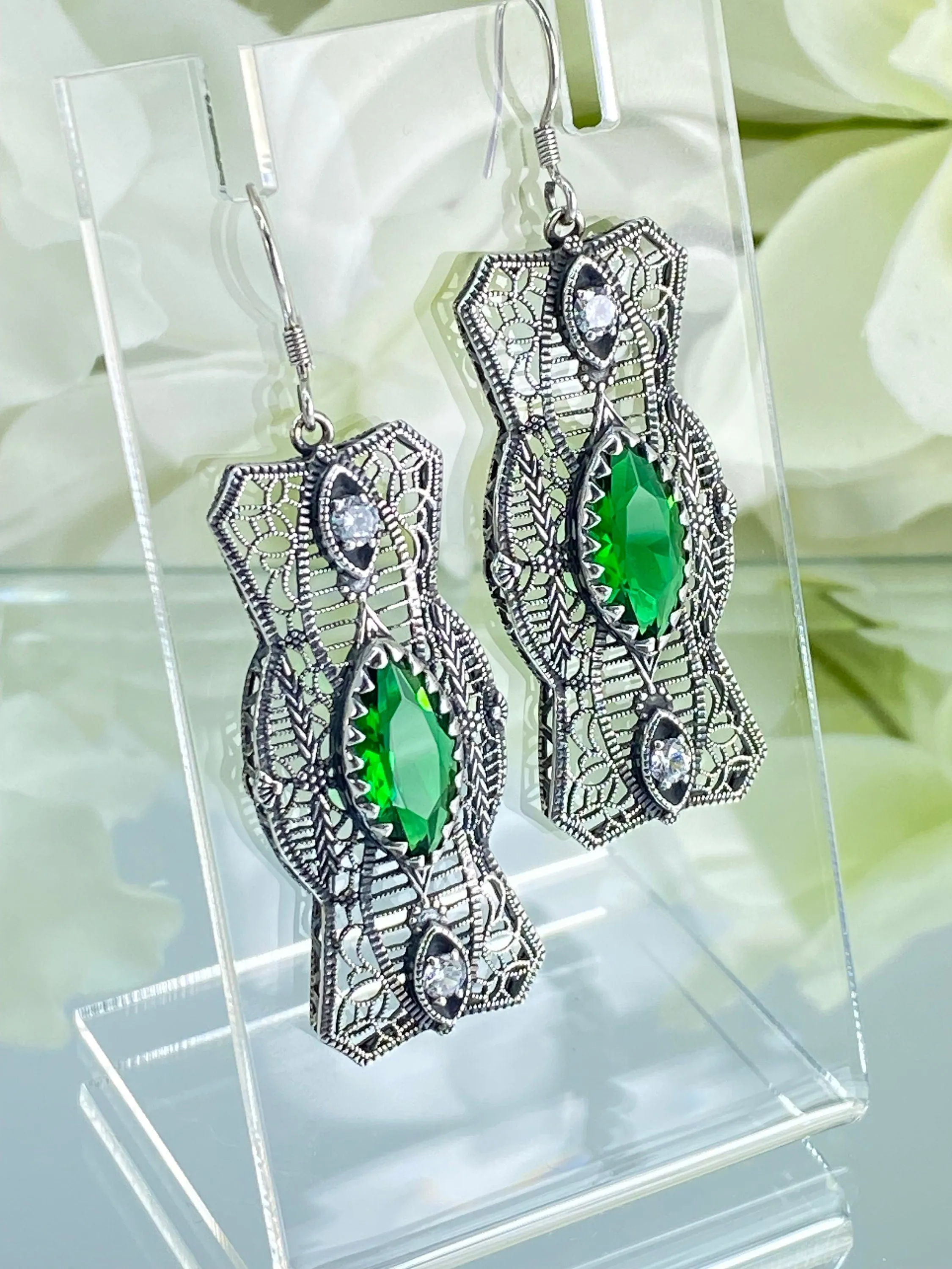 Emerald Earrings, Marquise Green & CZ Gems, 1920's Art Deco Filigree E62 - Ready to Ship