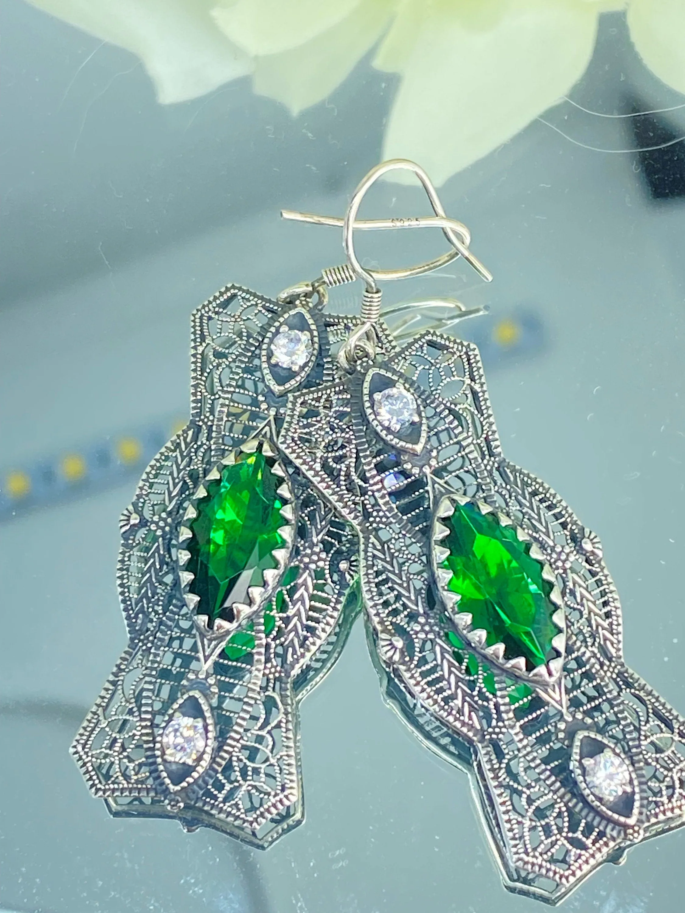 Emerald Earrings, Marquise Green & CZ Gems, 1920's Art Deco Filigree E62 - Ready to Ship