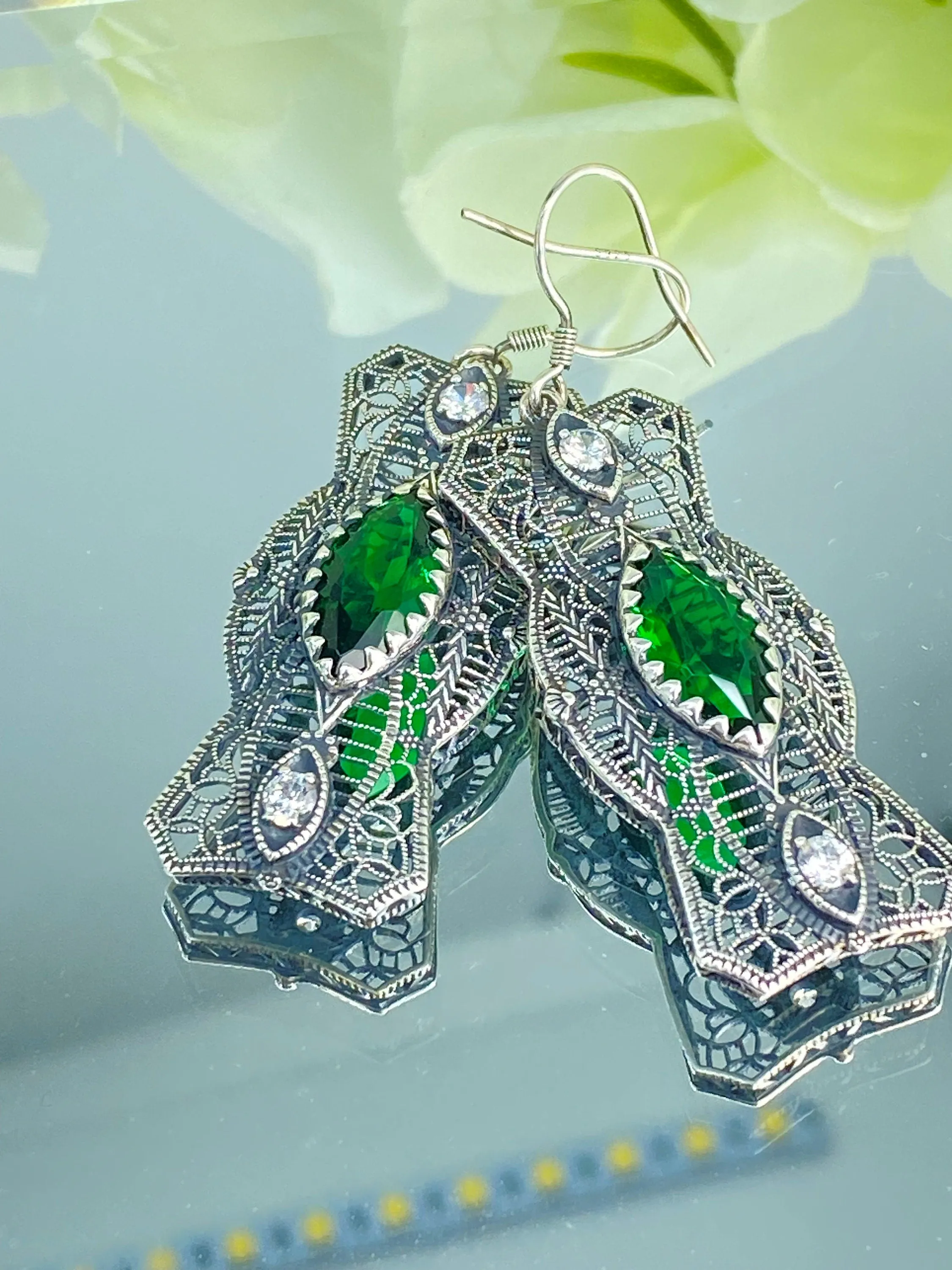 Emerald Earrings, Marquise Green & CZ Gems, 1920's Art Deco Filigree E62 - Ready to Ship
