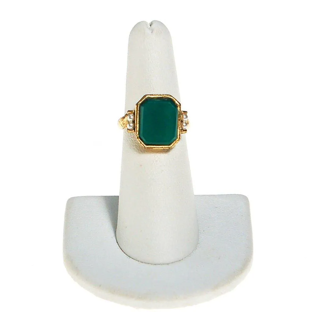 Emerald Green Ring with Pearls, Gold tone, Victorian Revival
