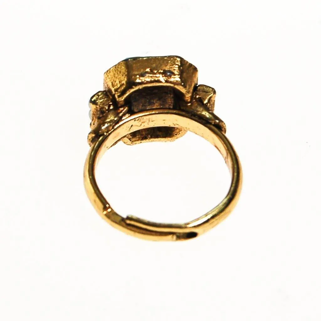 Emerald Green Ring with Pearls, Gold tone, Victorian Revival