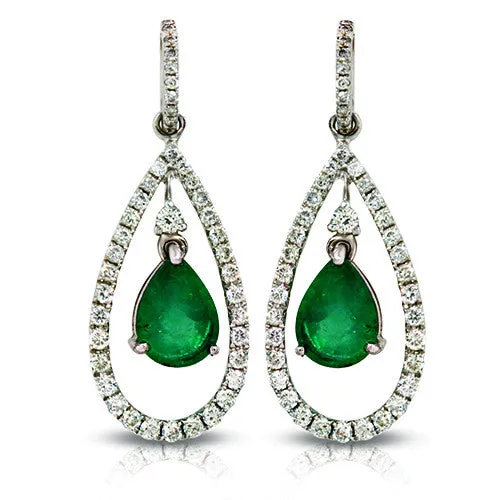 Emerald Pear Shape Teardrop  & Diamond Earrings In 18k Gold