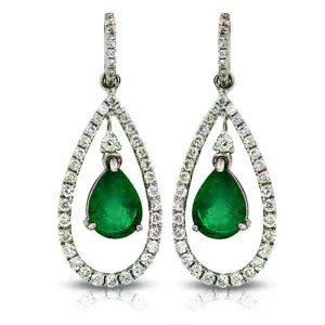 Emerald Pear Shape Teardrop  & Diamond Earrings In 18k Gold