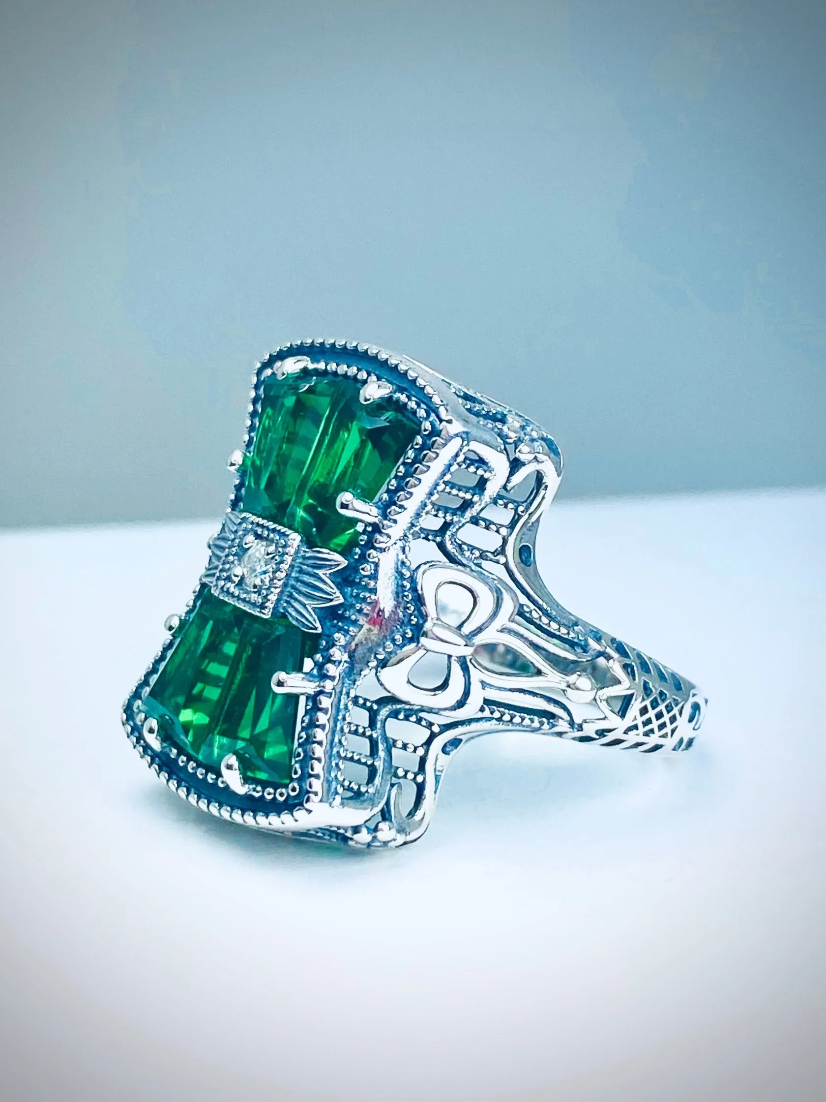 Emerald Ring, Versailles Sterling Silver Bow & Baguette CZ Ring, Baroque Jewelry D595