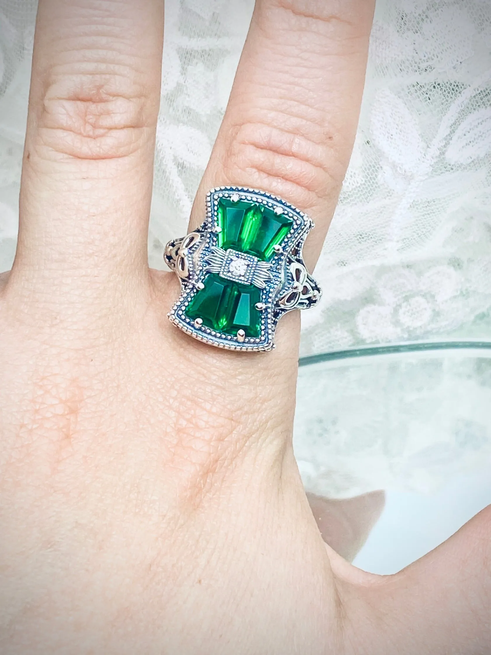 Emerald Ring, Versailles Sterling Silver Bow & Baguette CZ Ring, Baroque Jewelry D595