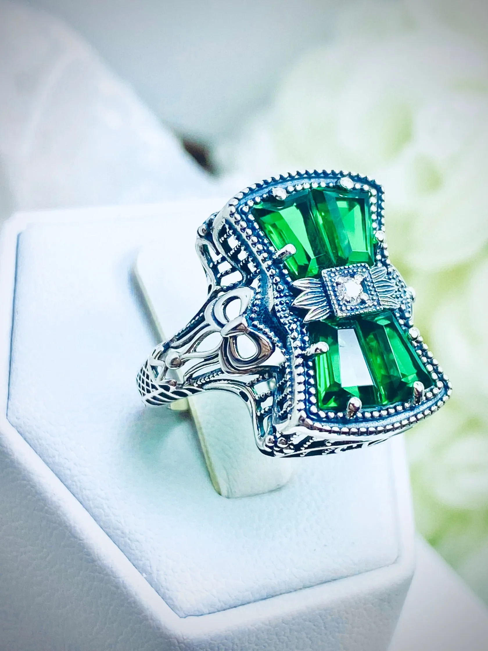 Emerald Ring, Versailles Sterling Silver Bow & Baguette CZ Ring, Baroque Jewelry D595