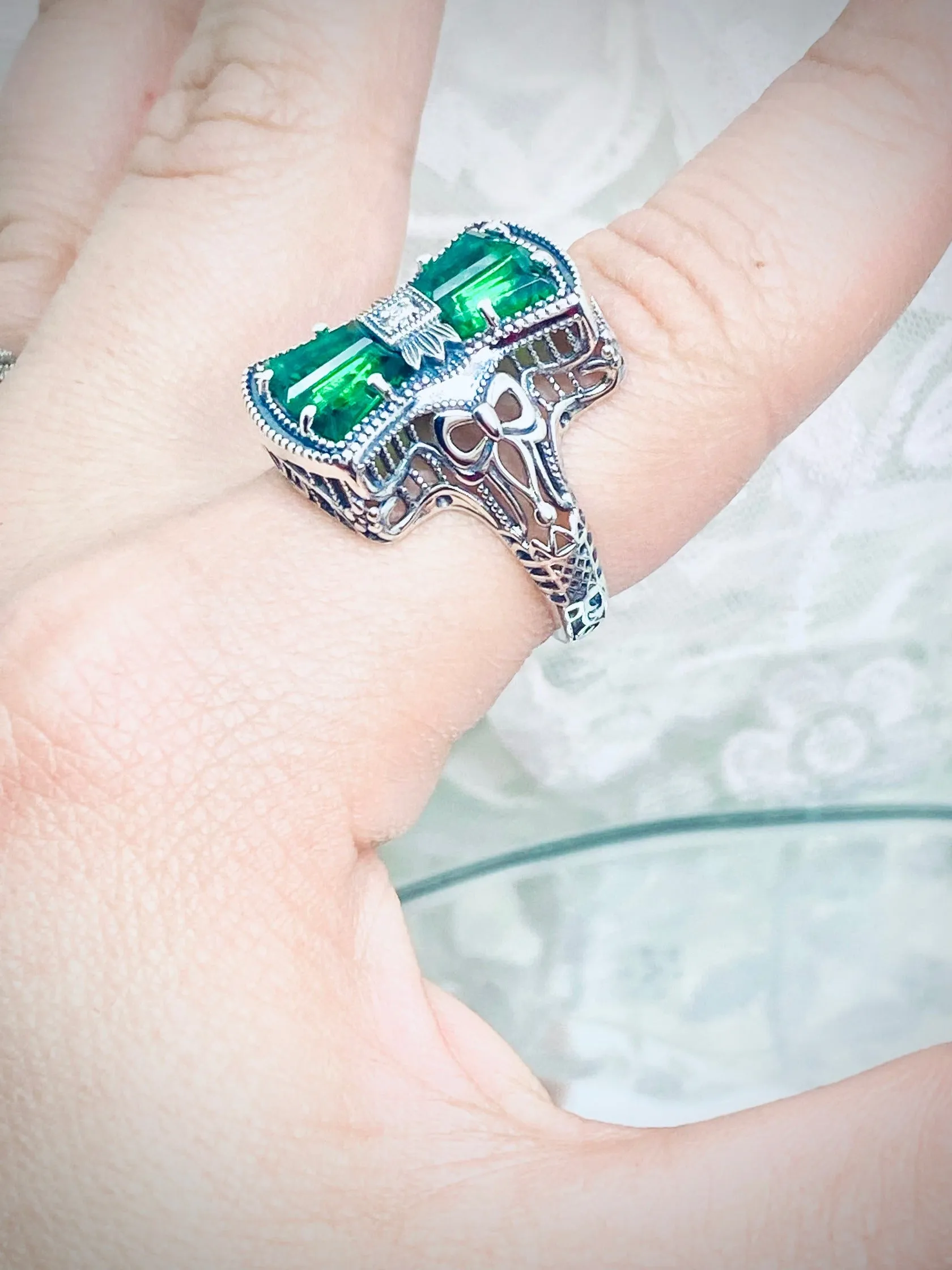 Emerald Ring, Versailles Sterling Silver Bow & Baguette CZ Ring, Baroque Jewelry D595