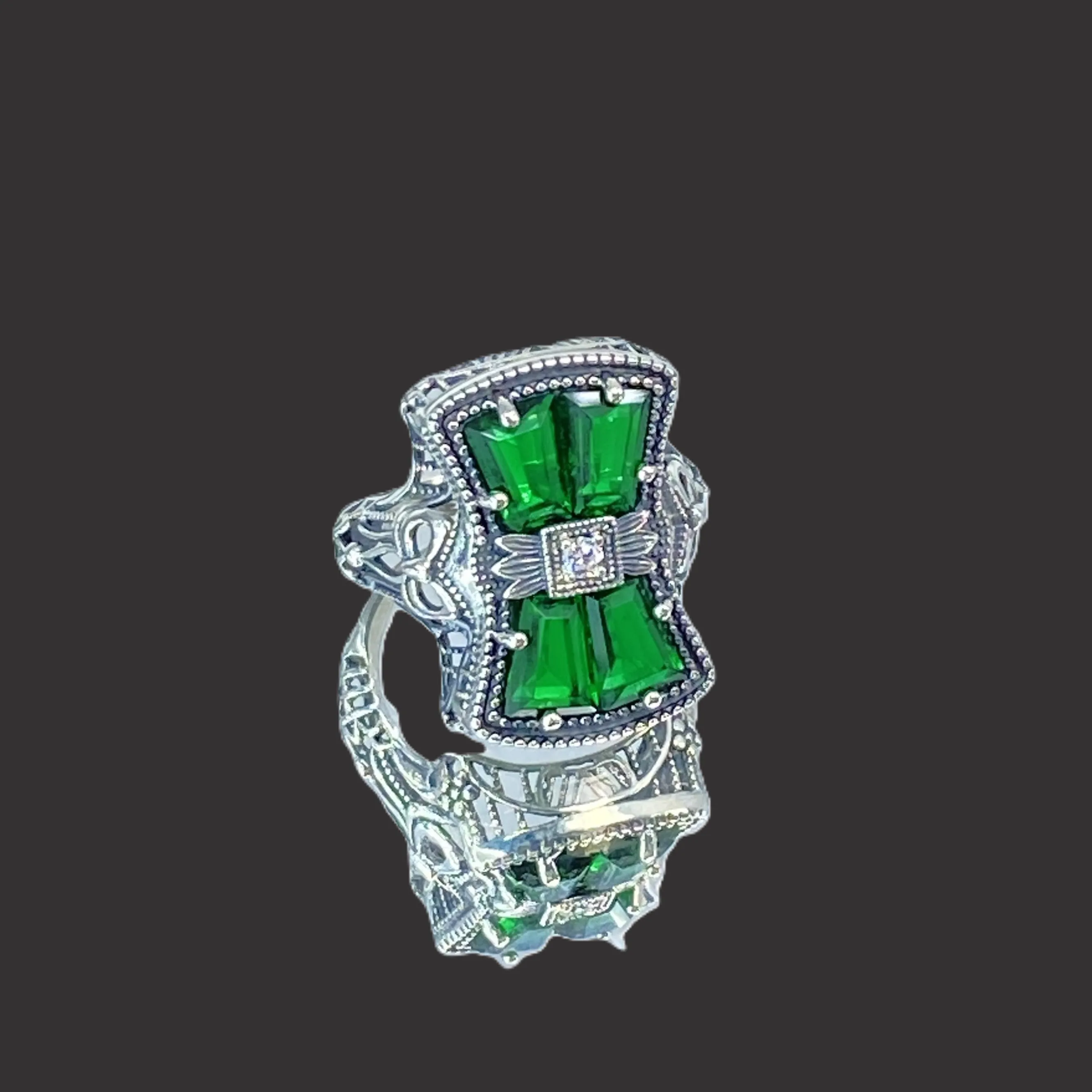 Emerald Ring, Versailles Sterling Silver Bow & Baguette CZ Ring, Baroque Jewelry D595