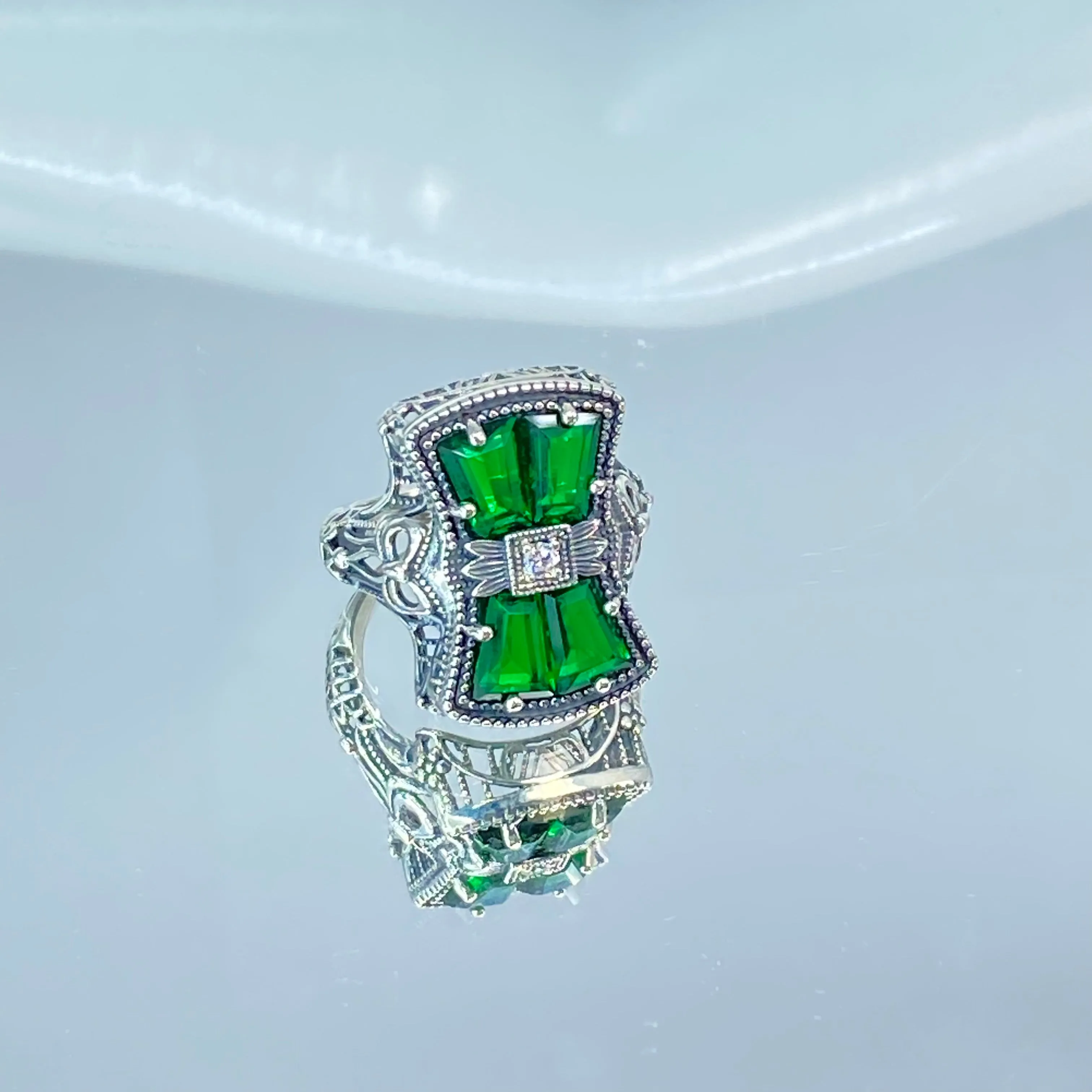 Emerald Ring, Versailles Sterling Silver Bow & Baguette CZ Ring, Baroque Jewelry D595