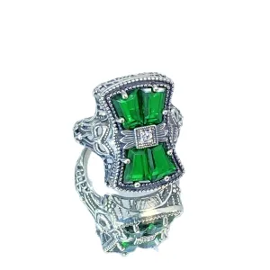 Emerald Ring, Versailles Sterling Silver Bow & Baguette CZ Ring, Baroque Jewelry D595