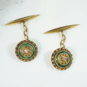 Etruscan Revival 22k Gold & Green Enamel Cufflinks