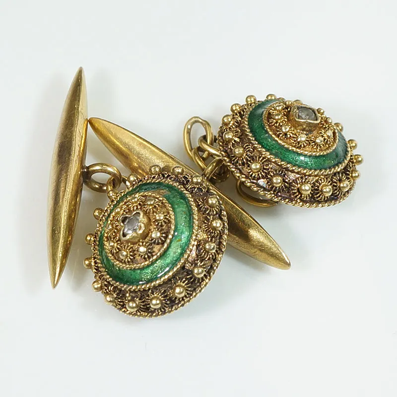 Etruscan Revival 22k Gold & Green Enamel Cufflinks