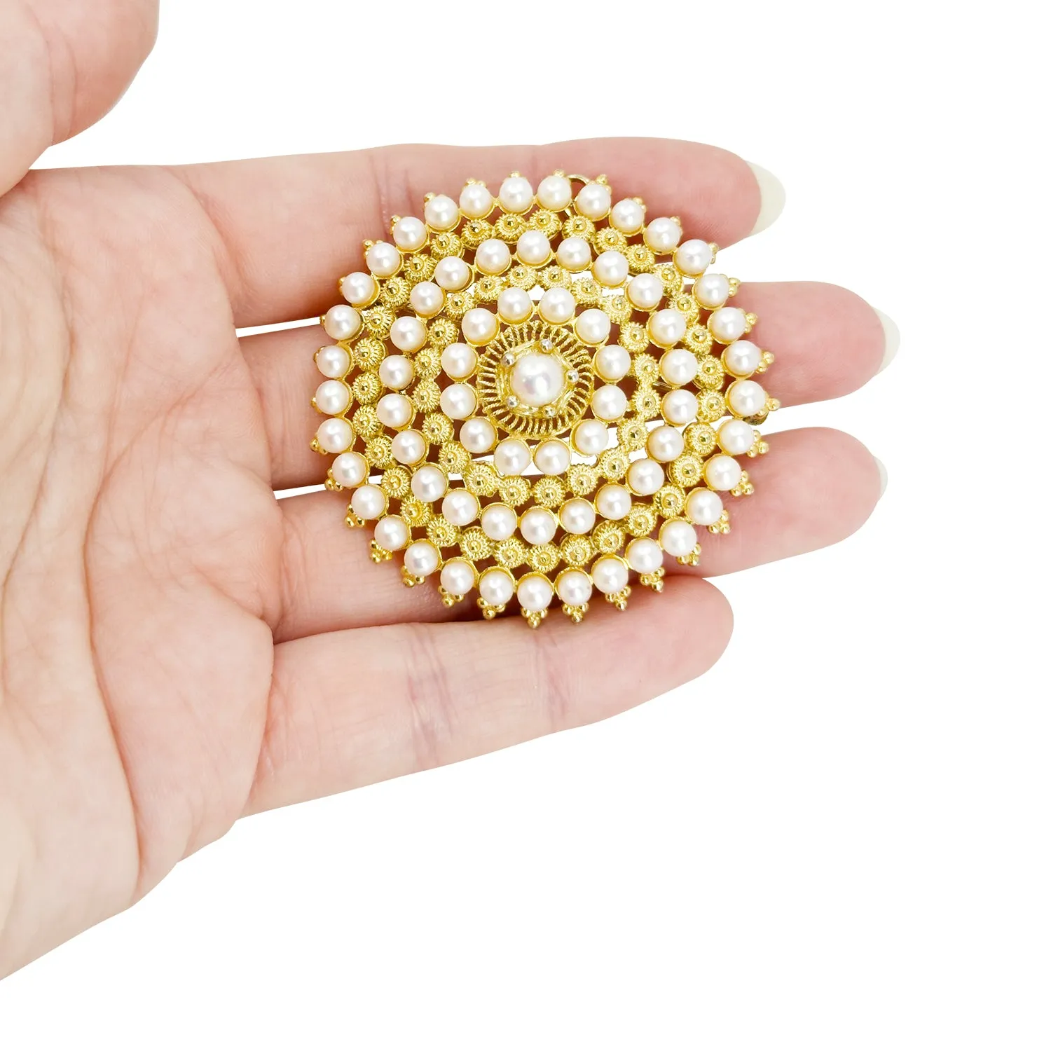 Etruscan Revival Cannetille Japanese Saltwater Akoya Vintage Pearl Brooch Pin- Sterling Silver Gold Plate