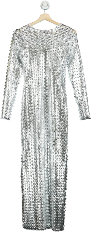 Fashion Nova Silver Sequin Long Sleeve Maxi Dress UK S