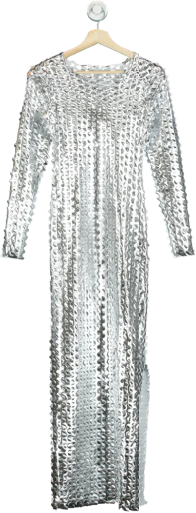 Fashion Nova Silver Sequin Long Sleeve Maxi Dress UK S