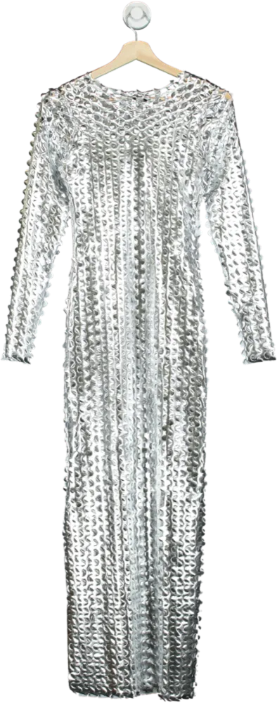 Fashion Nova Silver Sequin Long Sleeve Maxi Dress UK S