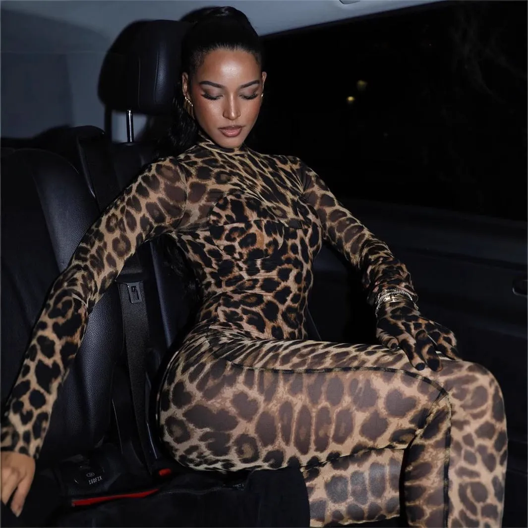Fierce Sheer Leopard Print Long-Sleeve Bodycon Jumpsuit