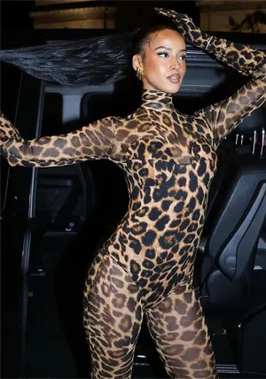Fierce Sheer Leopard Print Long-Sleeve Bodycon Jumpsuit
