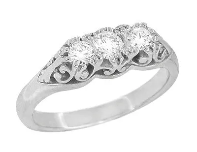 Filigree "Three Stone" Diamond Art Deco Ring in White Gold - 14K or 18K