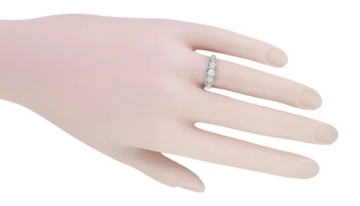 Filigree "Three Stone" Diamond Art Deco Ring in White Gold - 14K or 18K