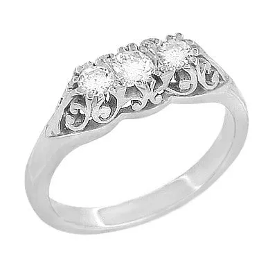 Filigree "Three Stone" Diamond Art Deco Ring in White Gold - 14K or 18K