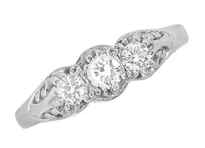 Filigree "Three Stone" Diamond Art Deco Ring in White Gold - 14K or 18K