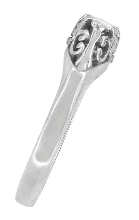 Filigree "Three Stone" Diamond Art Deco Ring in White Gold - 14K or 18K