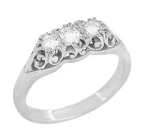 Filigree "Three Stone" Diamond Art Deco Ring in White Gold - 14K or 18K