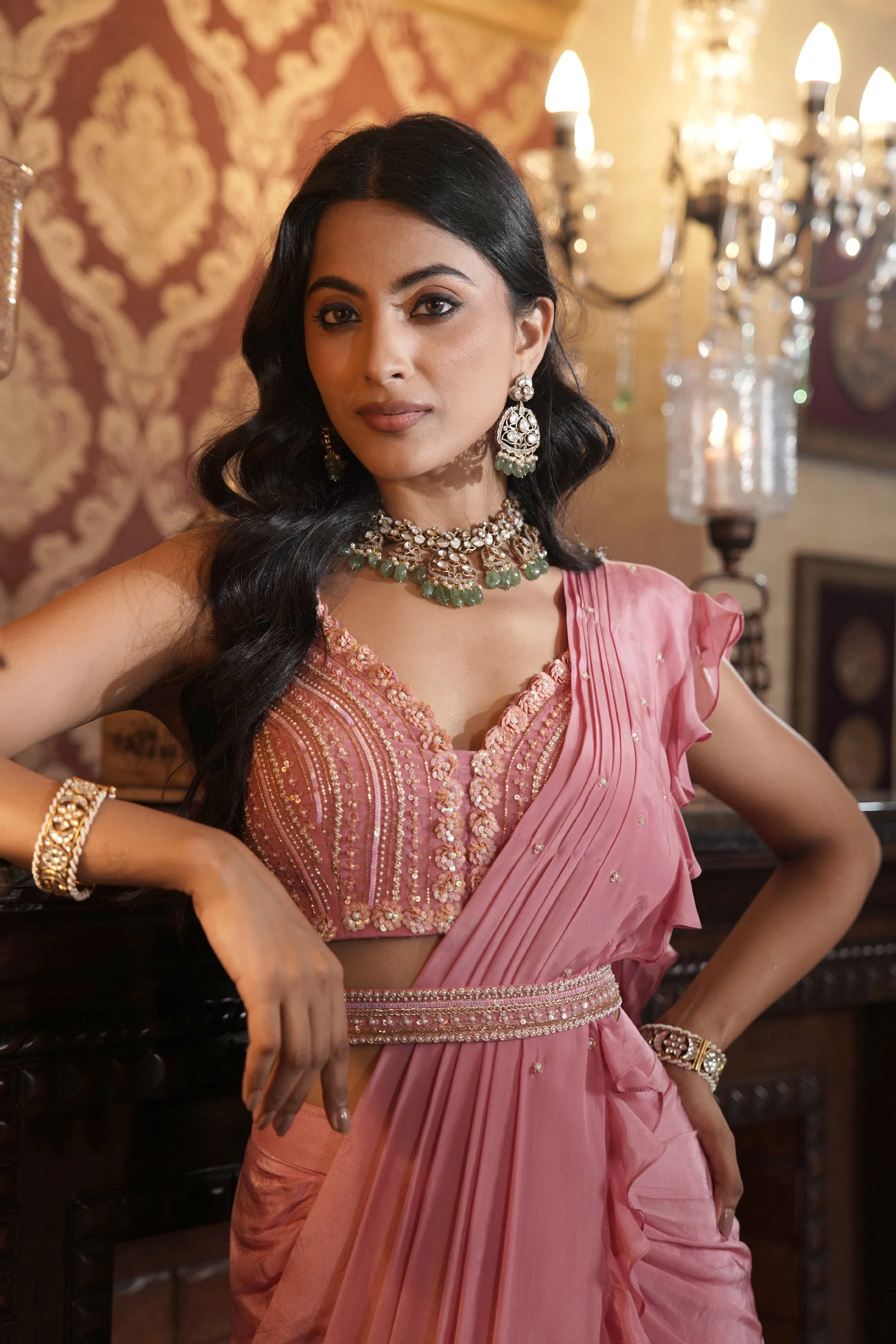 Flamingo pink drape saree