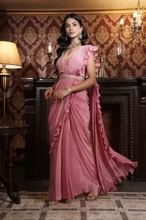 Flamingo pink drape saree