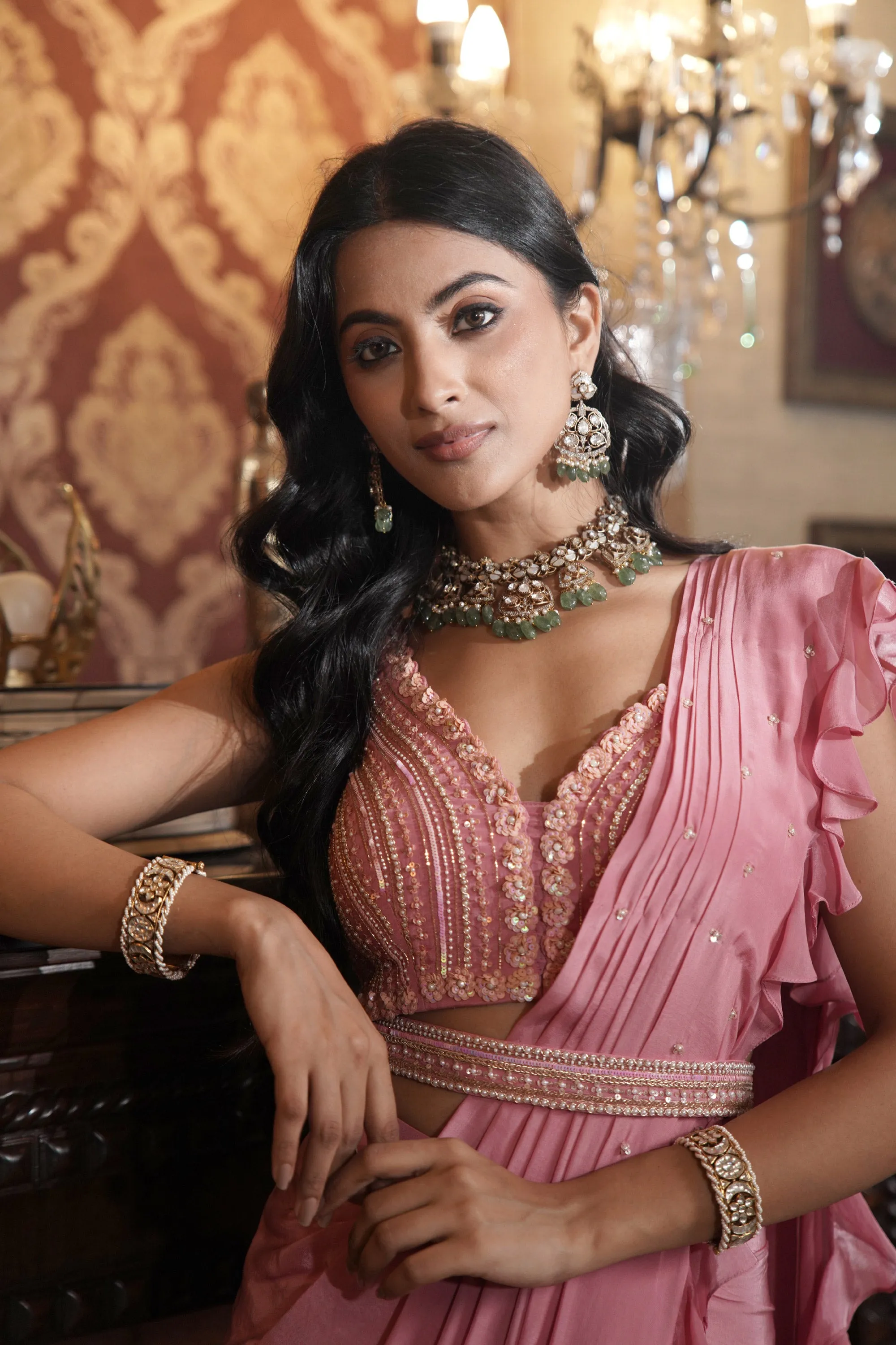 Flamingo pink drape saree