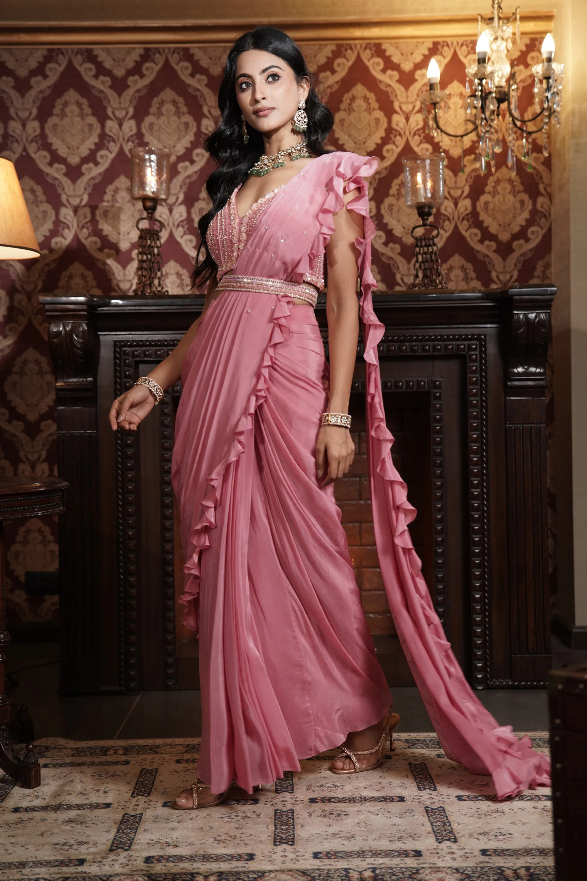 Flamingo pink drape saree