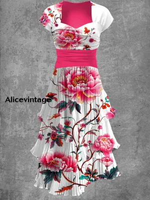 Floral Art Print V-Neck Vintage Chic Short Sleeve Midi Dress